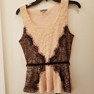 Light pink and black lace peplum sleeveless shirt